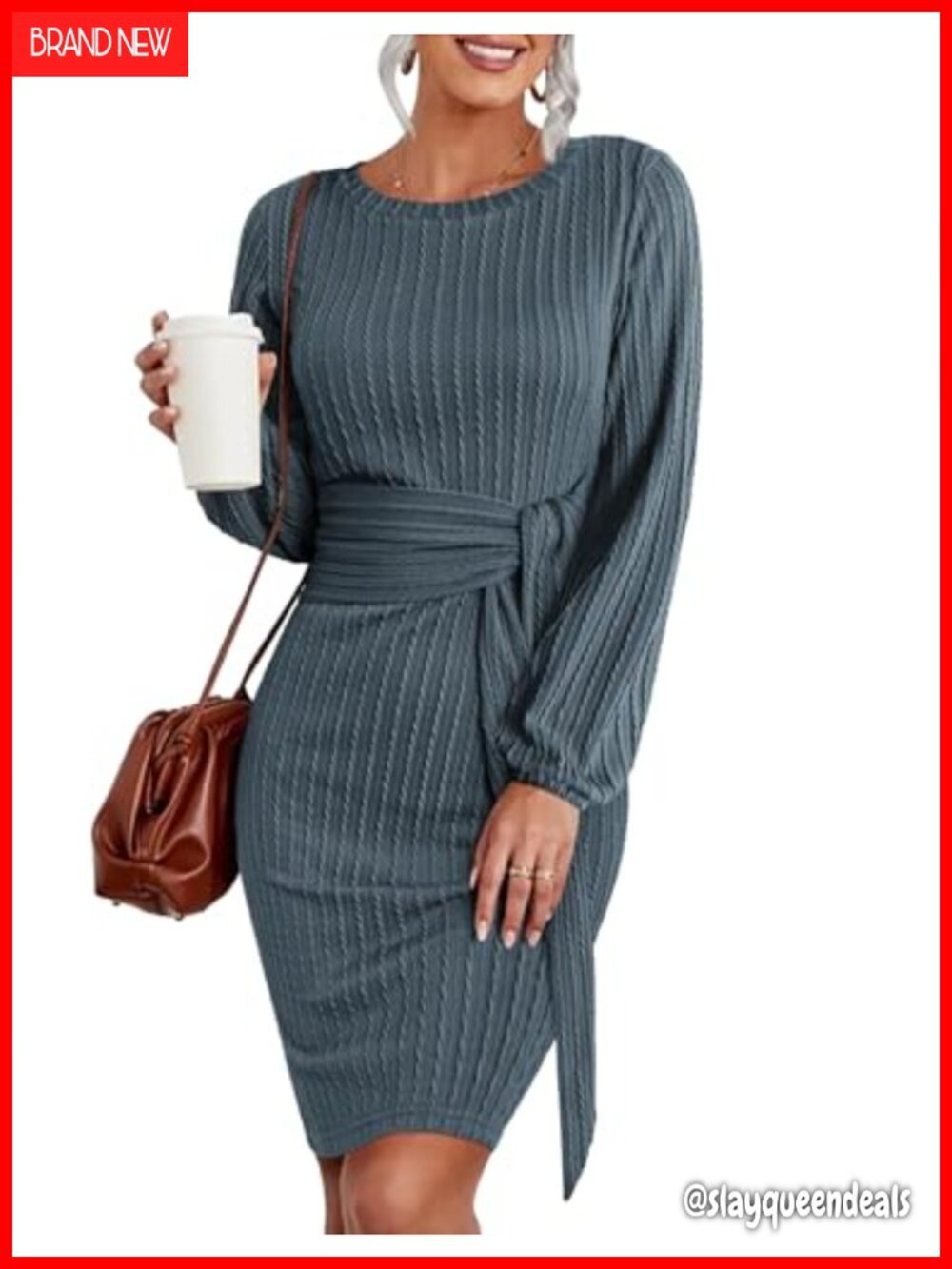 Knit Bodycon Dress Long Lantern Sleeve Tie Waist Ribbed Sweater Dress